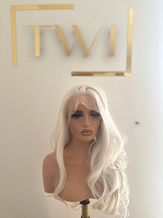 synthetic wig, in a platinum grey colour